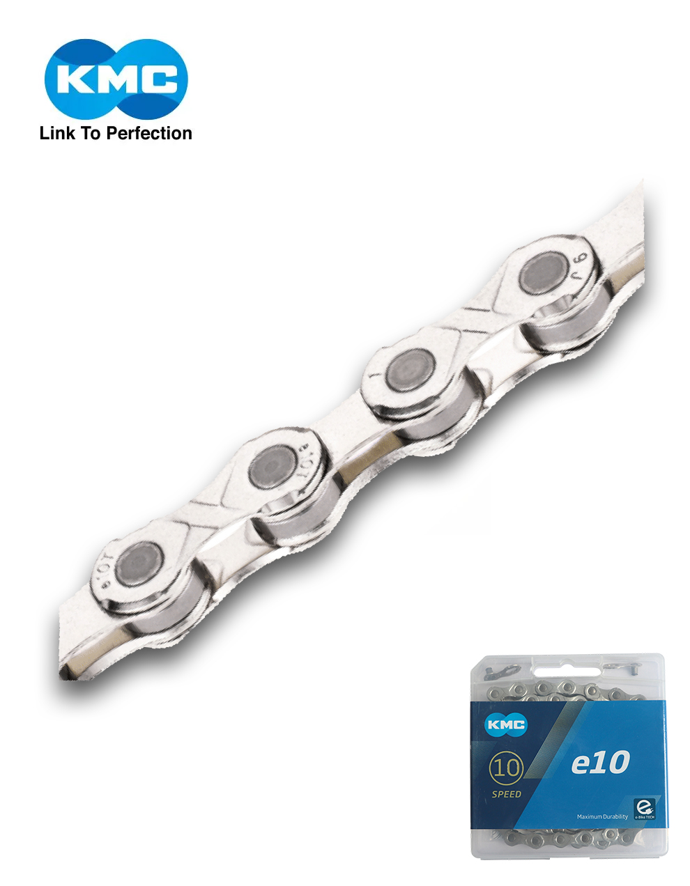 KMC e9 Turbo 9-speed silver e-bike chain with 136 links for Bosch and other electric bike systems.